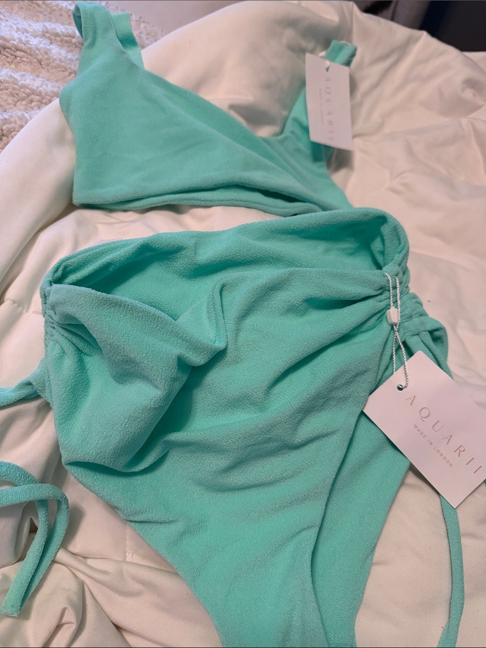 Aquari Made in London  Mint Green  Bikini Top & cinch Bottom swim suit NWT XS